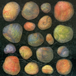 Alien Pebbles Collage Alien Pebbles Collage: multicoloured pebble drawings on a textured black paper background