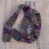 Merino wool skinny scarf in stripes of autumnal marl, green, and purple